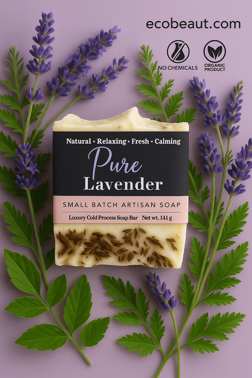 Pure Lavender artisan soap bar with dried lavender buds, placed among fresh lavender flowers and green leaves on a purple background, featuring ecobeaut.com and “NO CHEMICALS” / “ORGANIC PRODUCT” icons in the upper right corner.



