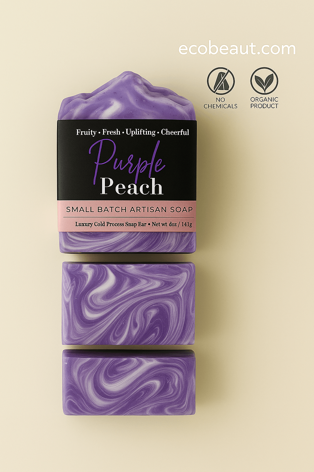 Purple Peach artisan soap bar with elegant marbled design, presented on a clean beige background with ecobeaut.com and “NO CHEMICALS” / “ORGANIC PRODUCT” icons in the upper right corner.