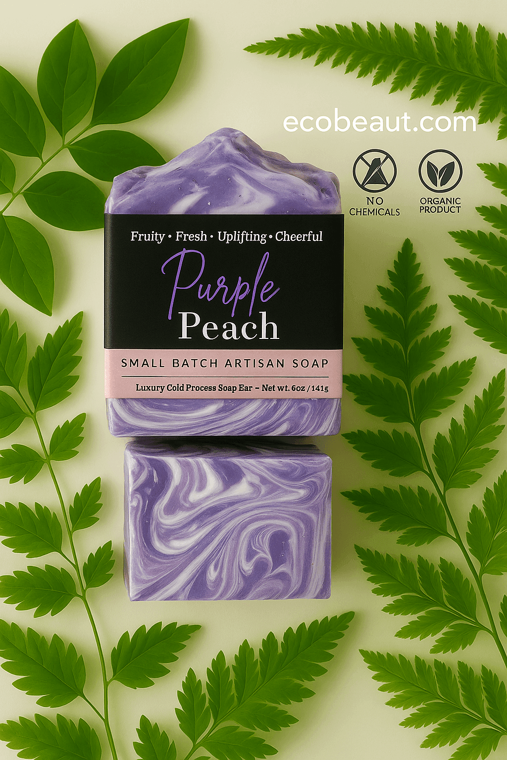 Purple Peach artisan soap bar with vibrant purple and white swirls, surrounded by green leaves, featuring ecobeaut.com and “NO CHEMICALS” / “ORGANIC PRODUCT” icons in the upper right corner.