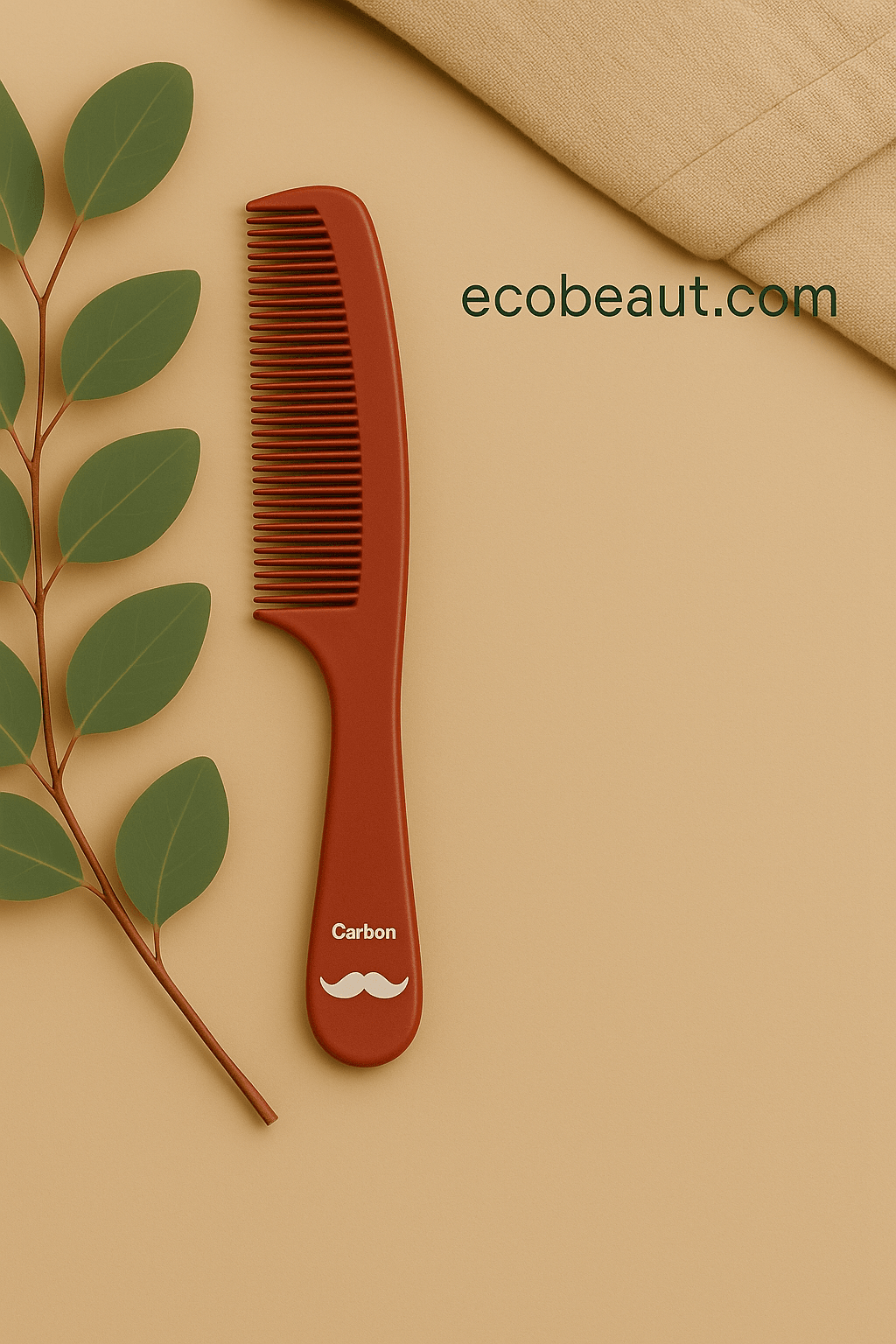 Red carbon comb with mustache logo and Carbon label on natural beige background – eco-friendly grooming tool from ecobeaut.com