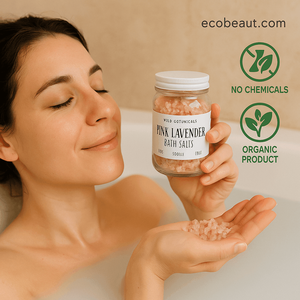 Relaxed woman using Wild Botanicals Pink Lavender Bath Salts in a bath, holding the jar with no chemicals and organic product icons – ecobeaut.com