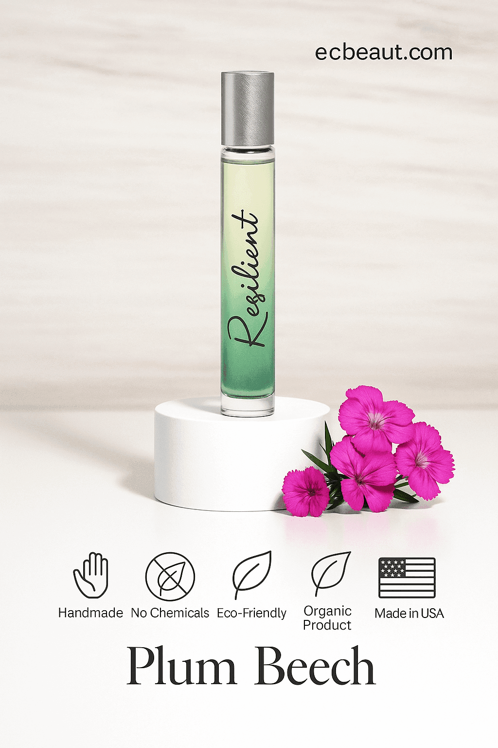 Resilient roll-on perfume by Plum Beech with vibrant flowers and eco-labels – Handmade, Organic, Eco-Friendly, No Chemicals, Made in USA – available at ecobeaut.com