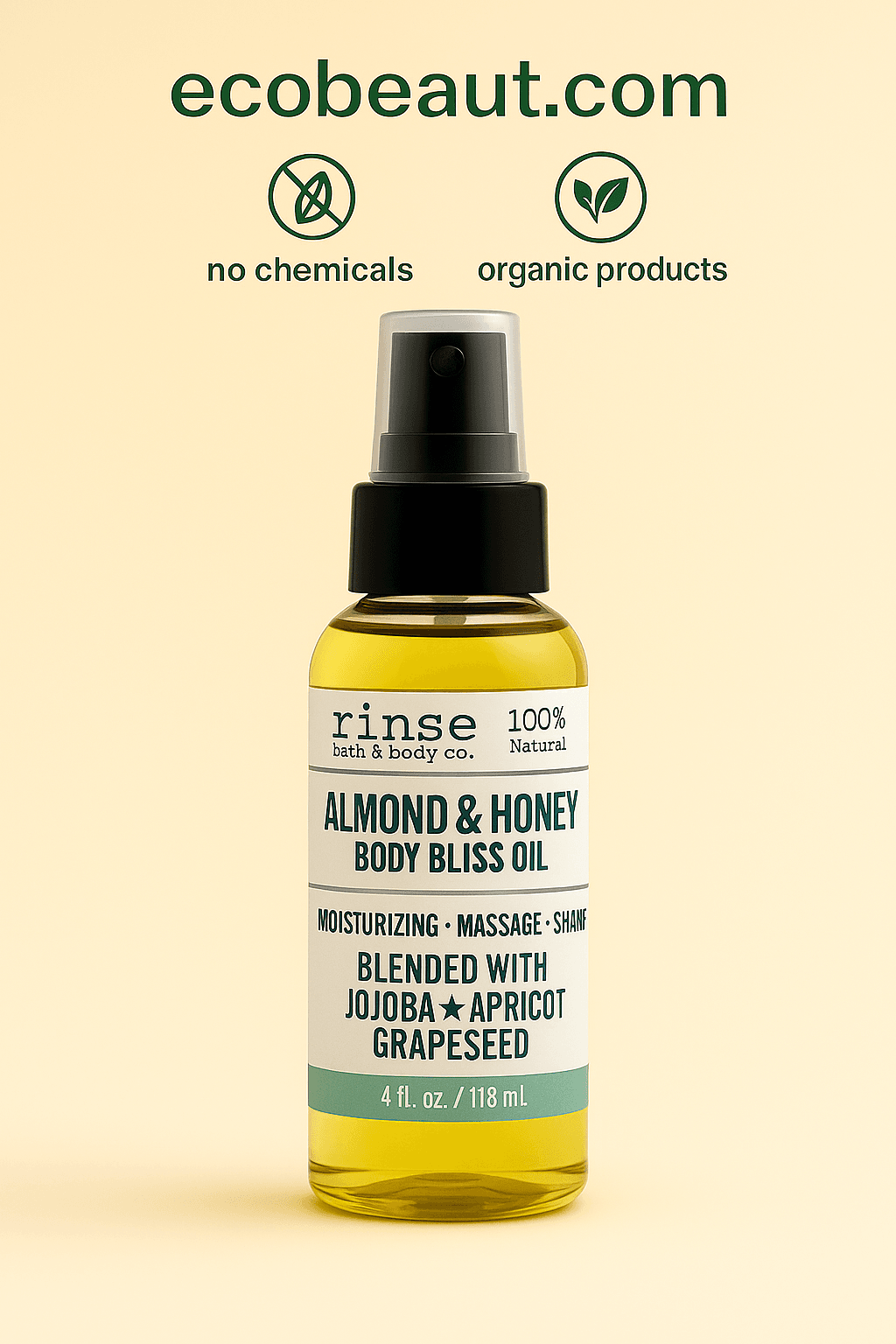 Rinse Bath & Body Co. Almond & Honey Body Bliss Oil in a transparent spray bottle with a black nozzle, displayed on a neutral beige background with ecobeaut.com, no chemicals, and organic products icons in the top right corner









