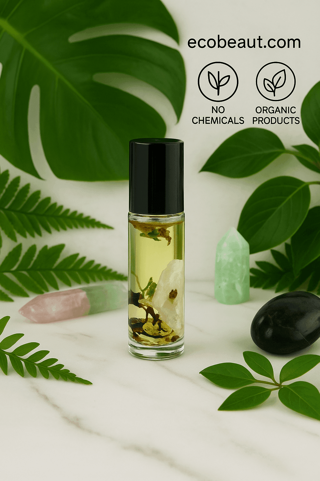 "Roll-on essential oil bottle with crystals and botanicals, surrounded by greenery, black eco labels, and ecobeaut.com branding in the top right corner."