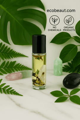 "Roll-on essential oil bottle with crystals and botanicals, surrounded by greenery, black eco labels, and ecobeaut.com branding in the top right corner."