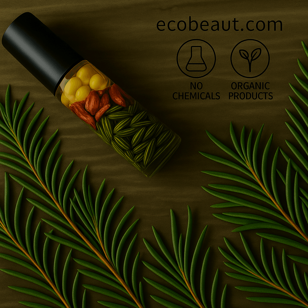"Roll-on perfume oil bottle with botanical layers on rustic wood surface, surrounded by fresh rosemary sprigs, featuring eco labels and ecobeaut.com branding in the top right corner."