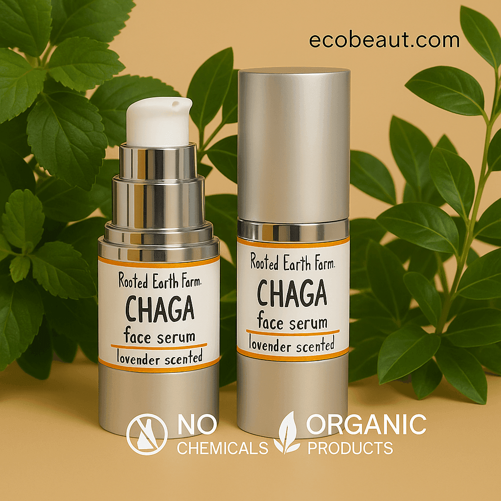 Rooted Earth Farm CHAGA face serum bottles on a beige background, surrounded by lush green leaves with ecobeaut.com in the top right corner and icons for NO CHEMICALS and ORGANIC PRODUCTS at the bottom