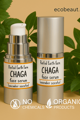 Rooted Earth Farm CHAGA face serum bottles on a beige background, surrounded by lush green leaves with ecobeaut.com in the top right corner and icons for NO CHEMICALS and ORGANIC PRODUCTS at the bottom