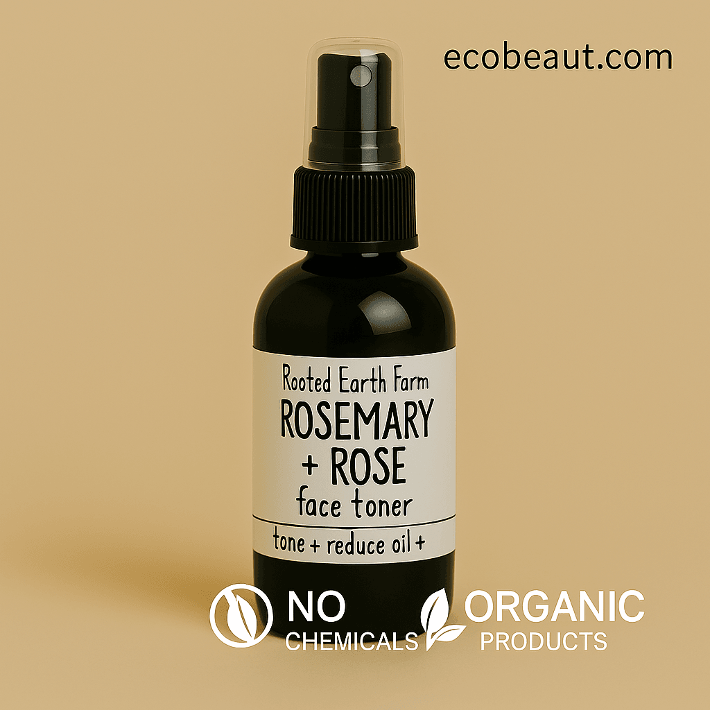 Rooted Earth Farm Rosemary + Rose Face Toner in a dark amber spray bottle placed on a neutral beige background with ecobeaut.com in the top right corner and icons no chemicals and organic products neatly aligned at the bottom
