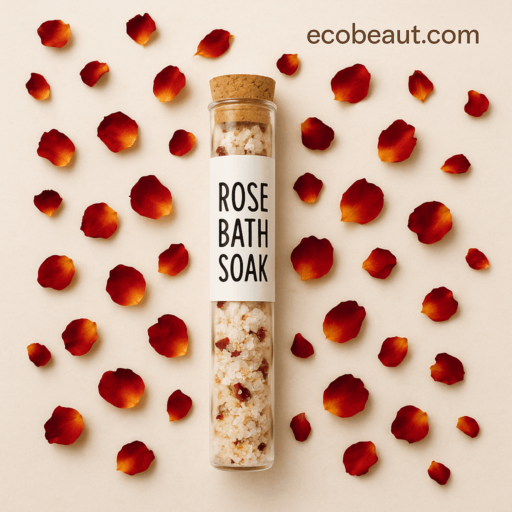 Rose bath soak in a glass tube with rose petals scattered around – handmade organic bath salt from ecobeaut.com