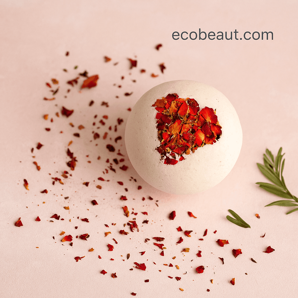 Rose petal bath bomb on a soft pink background with scattered petals and greenery – romantic handmade bath bomb by ecobeaut.com