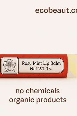 Rosy Mint Lip Balm tube with minimalist red label on white background, highlighting natural formula with "no chemicals" and "organic products" below, ecobeaut.com in the top right