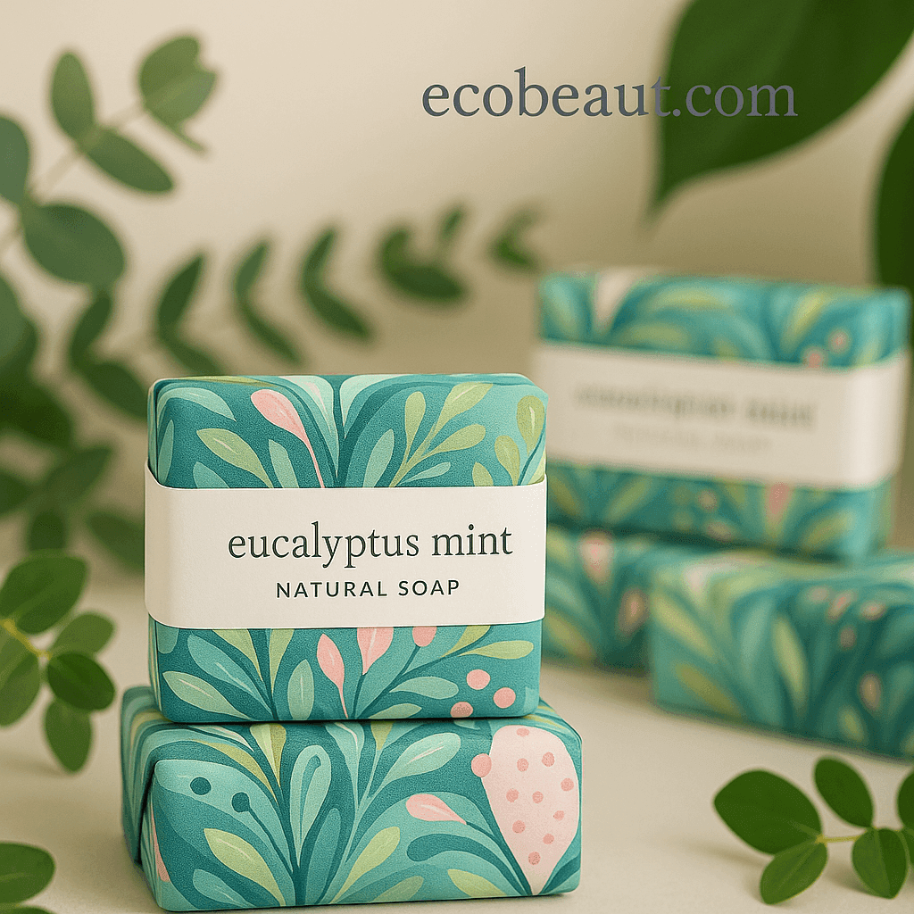 Rows of eucalyptus mint natural soaps with botanical wrapping – eco-friendly skincare by ecobeaut.com