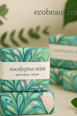 Rows of eucalyptus mint natural soaps with botanical wrapping – eco-friendly skincare by ecobeaut.com