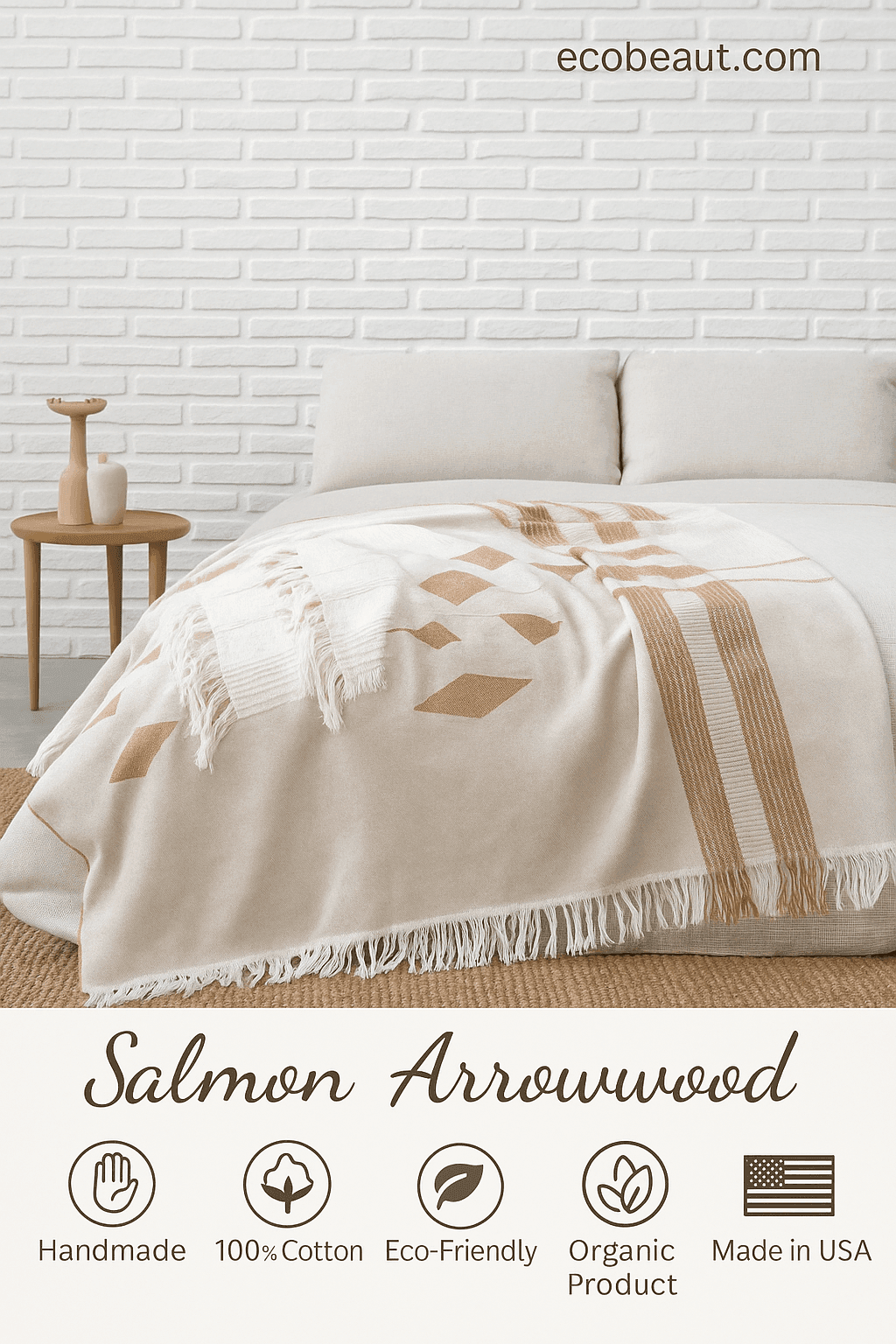 Salmon Arrowwood organic cotton throw blanket with geometric patterns on a modern bed, handmade and eco-friendly design