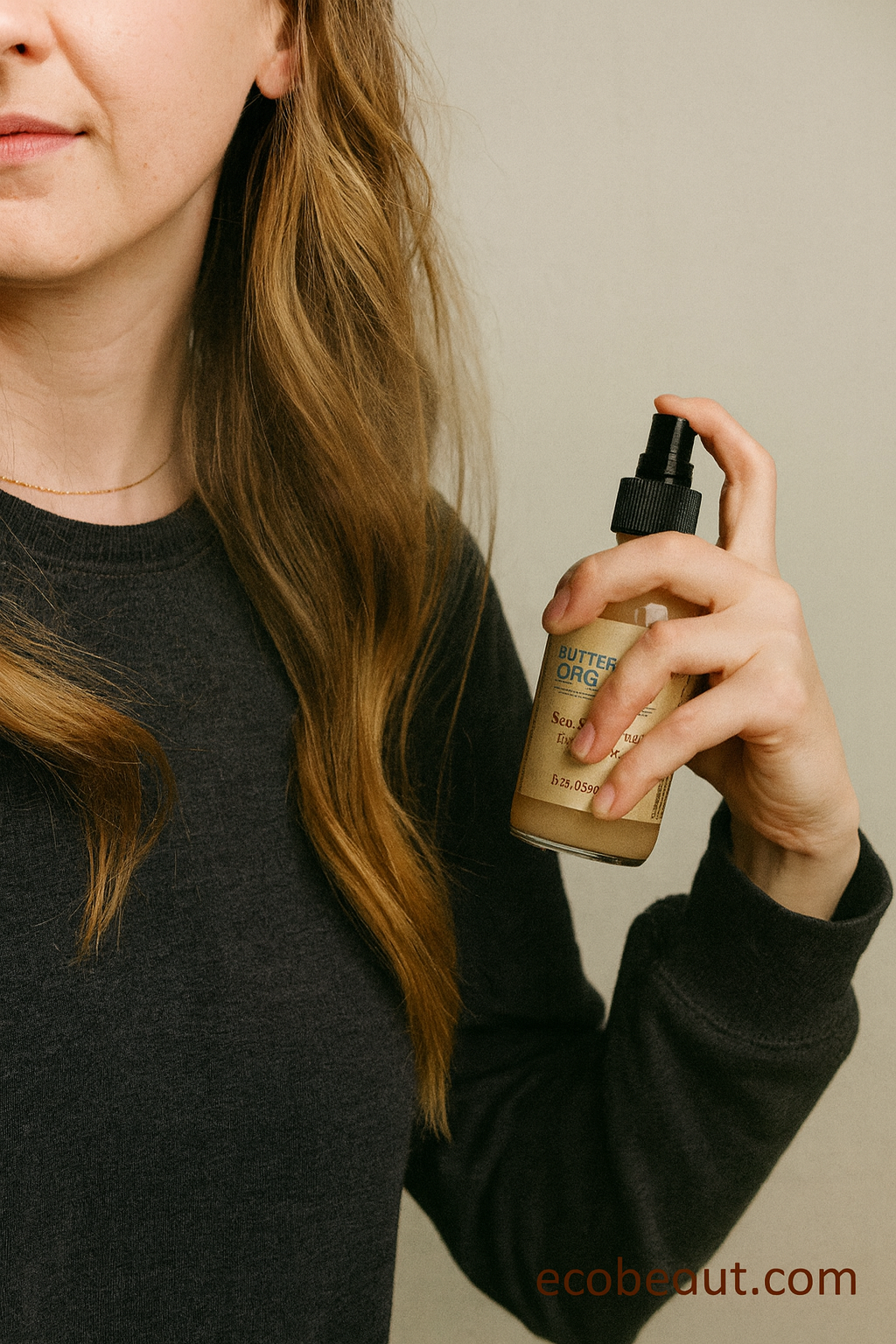Person holding a bottle of eco-beaut product with a neutral background
