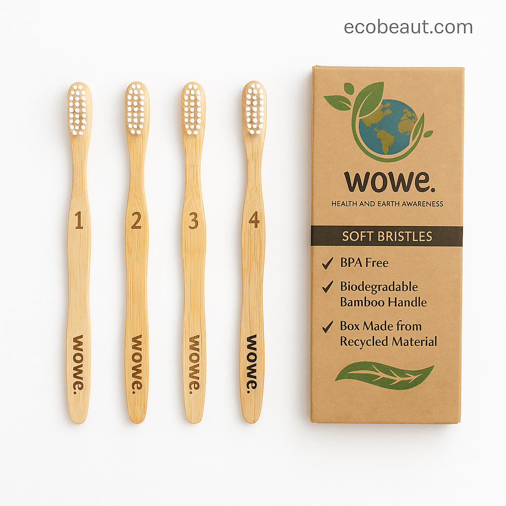 Set of four Wowe biodegradable bamboo toothbrushes with box - ecobeaut.com
