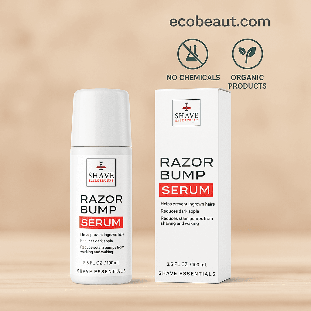 Shave Essentials Razor Bump Serum bottle and packaging displayed on a light wooden surface with eco-friendly icons and ecobeaut.com branding, emphasizing ingrown hair and razor bump prevention.