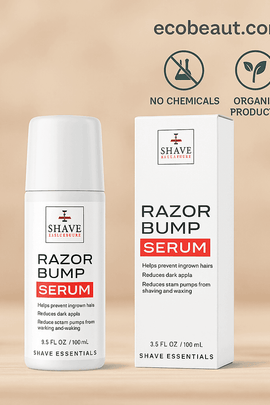 Shave Essentials Razor Bump Serum bottle and packaging displayed on a light wooden surface with eco-friendly icons and ecobeaut.com branding, emphasizing ingrown hair and razor bump prevention.