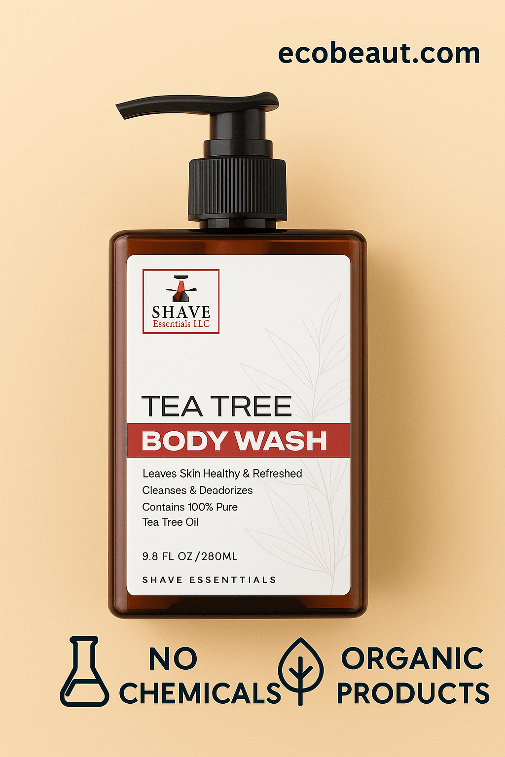 Shave Essentials Tea Tree Body Wash in use by a light-skinned man with a beard, showing natural foam – no chemicals, organic products – ecobeaut.com