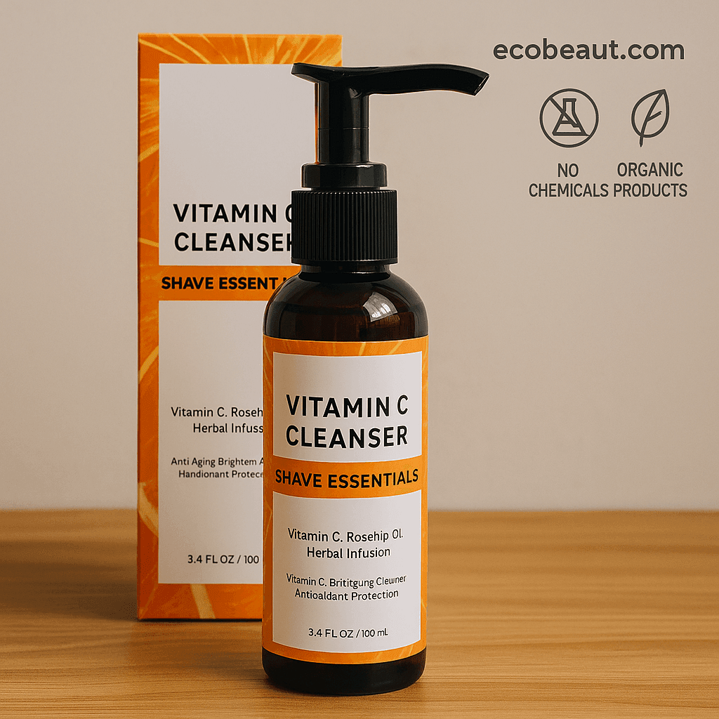 Shave Essentials Vitamin C Cleanser bottle and box displayed on a wooden surface with ecobeaut.com and eco-friendly icons, highlighting anti-aging and antioxidant skincare benefits.