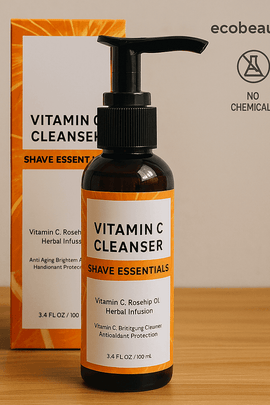 Shave Essentials Vitamin C Cleanser bottle and box displayed on a wooden surface with ecobeaut.com and eco-friendly icons, highlighting anti-aging and antioxidant skincare benefits.