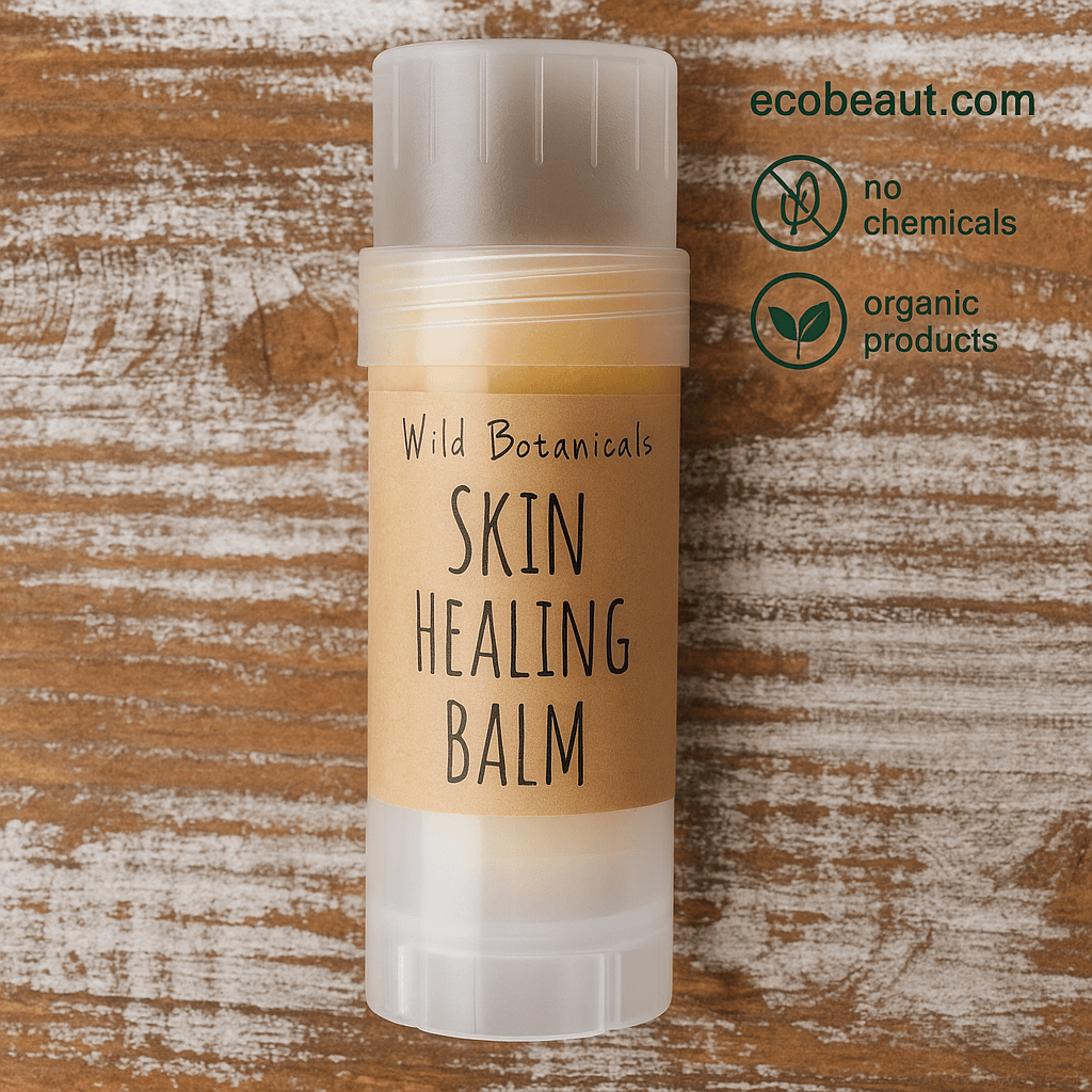 Skin Healing Balm by Wild Botanicals – all-natural, vegan balm for dry and irritated skin, shown on rustic wooden background with eco-friendly branding from ecobeaut.com