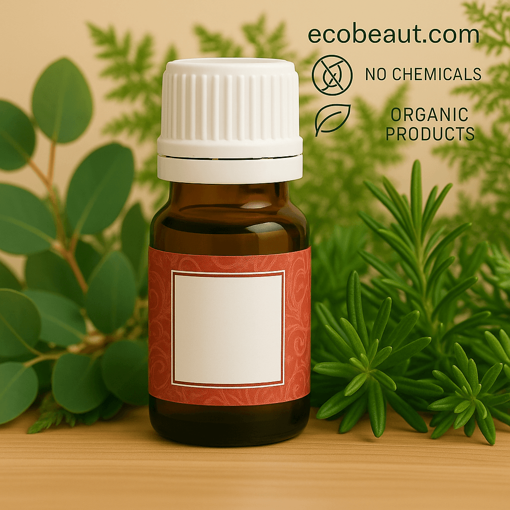 Small amber essential oil bottle with a red label, surrounded by eucalyptus, rosemary, and fern leaves, with “ecobeaut.com,” “NO CHEMICALS,” and “ORGANIC PRODUCTS” icons in the upper right corner.