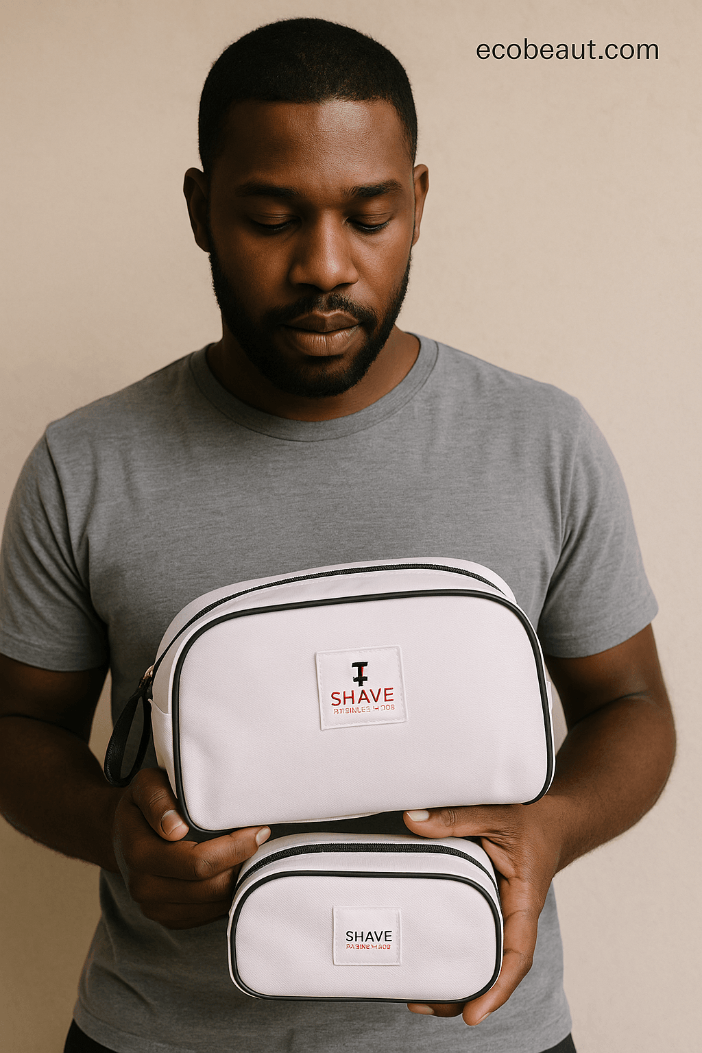 Smiling African American man in a white robe holding a white Shave Essentials toiletry bag in a softly lit bathroom, with ecobeaut.com branding in the top corner emphasizing quality and design.