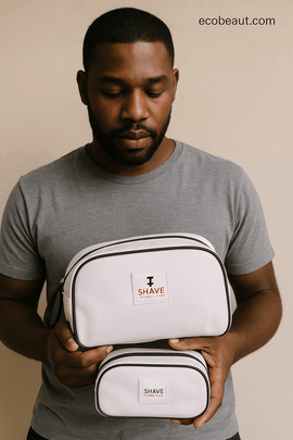 Smiling African American man in a white robe holding a white Shave Essentials toiletry bag in a softly lit bathroom, with ecobeaut.com branding in the top corner emphasizing quality and design.