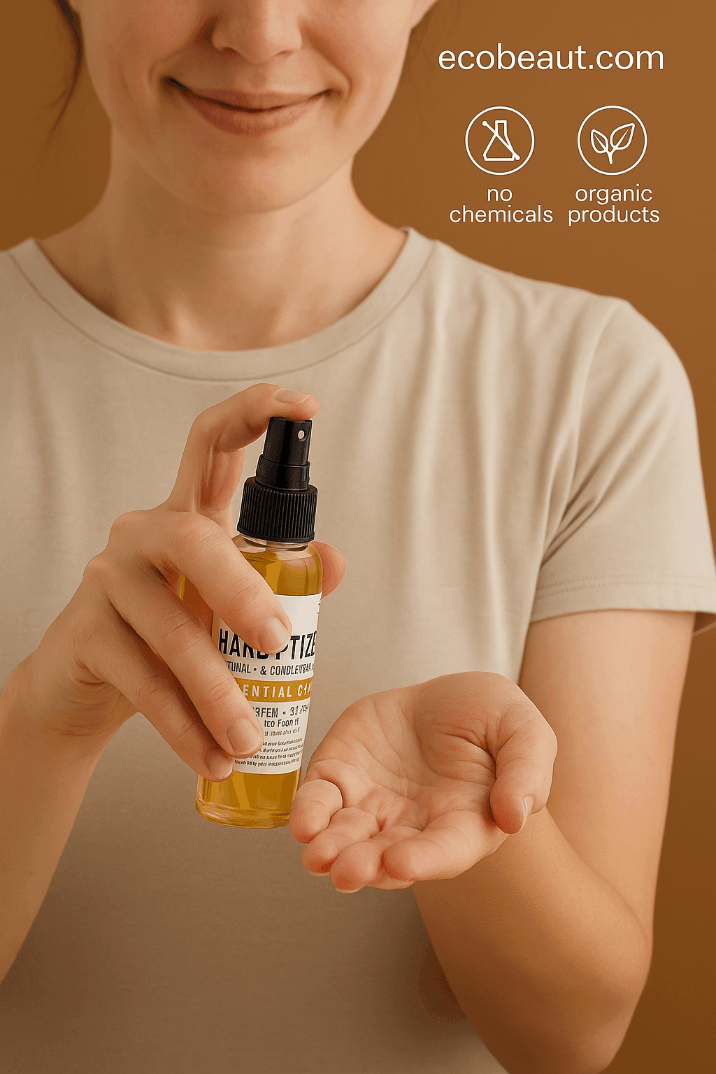 Smiling light-skinned woman spraying Handy-Tizer natural alcohol-free cleanser onto her palm, holding a small clear bottle with yellow liquid, against a warm brown background with eco-friendly icons and ecobeaut.com in the top right corner