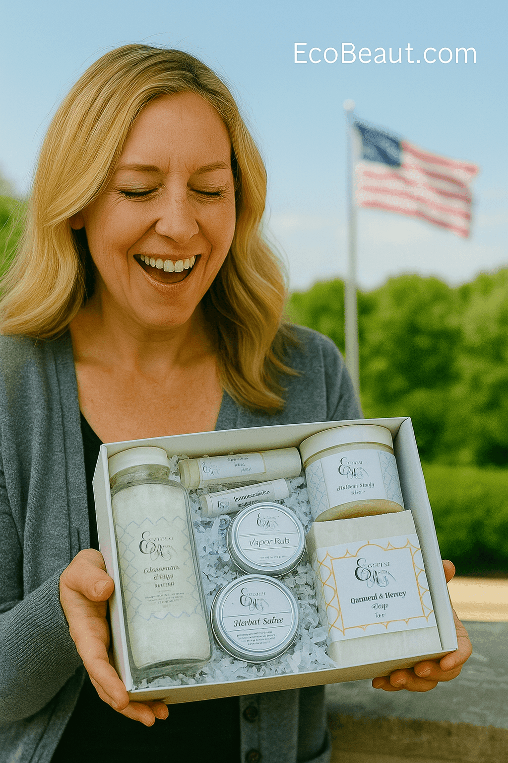 Happy mother opening EcoBeaut.com luxury organic skincare gift set outdoors with American flag in background, eco-friendly wellness products, organic skincare gift USA, luxury natural spa gift for mom