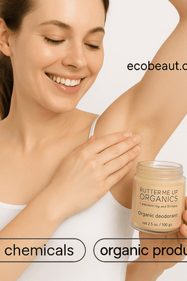 Smiling woman applying Butter Me Up Organics deodorant underarm with “no chemicals,” “organic products” labels below and ecobeaut.com in the top right corner.





