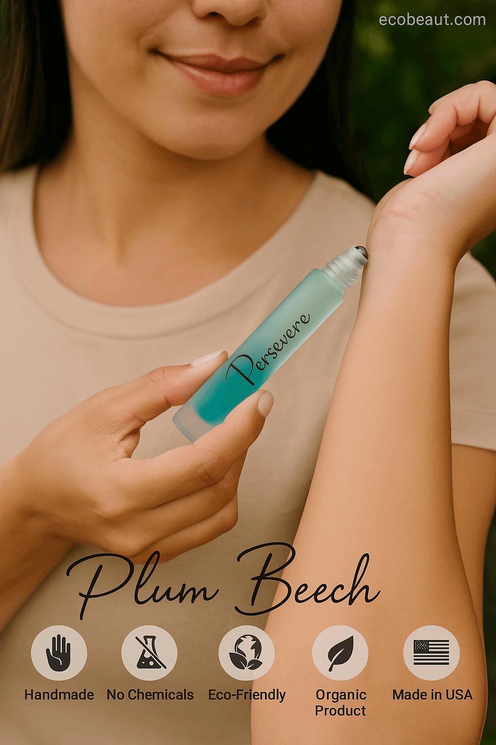Smiling woman applying Persevere roll-on perfume by Plum Beech to wrist – organic, handmade fragrance with eco labels and branding from ecobeaut.com