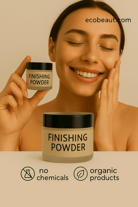 Smiling woman applying finishing powder while holding a jar in a softly lit setting, with text “ecobeaut.com” in the top right and markings “no chemicals” and “organic products” at the bottom.








