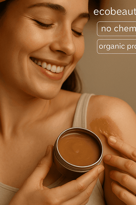 Smiling woman applying organic balm to her shoulder with fingers, holding a silver tin, with “no chemicals,” “organic products,” and ecobeaut.com in the top right corner.








