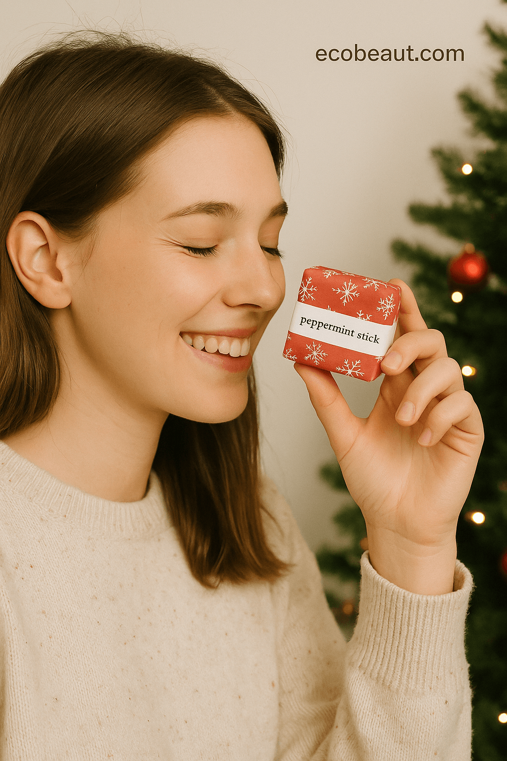 Smiling woman holding a peppermint stick bath bomb cube with snowflake gift wrap in front of a Christmas tree – ecobeaut.com