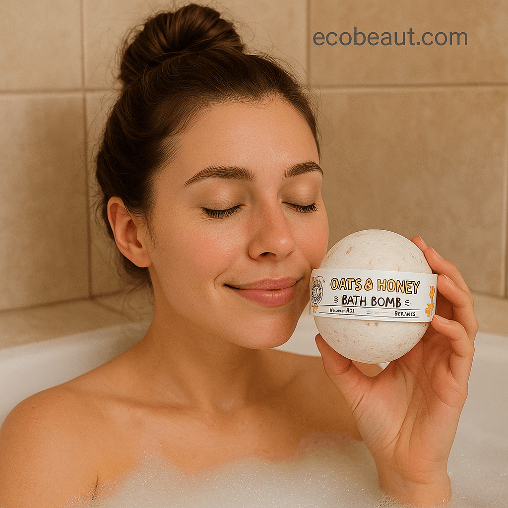 Smiling woman relaxing in a bath holding an Oats & Honey Bath Bomb next to her face, featuring ecobeaut.com and organic product icons