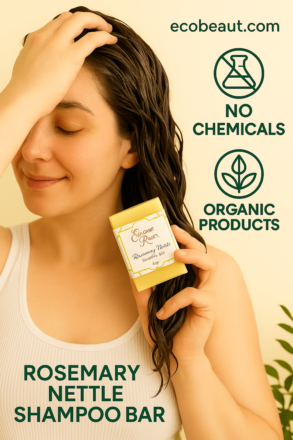 Smiling woman with wet hair holding a Rosemary Nettle Shampoo Bar from Elegant Rose, gently massaging her scalp, with eco-friendly icons and ecobeaut.com in the top right corner – labeled no chemicals and organic products.