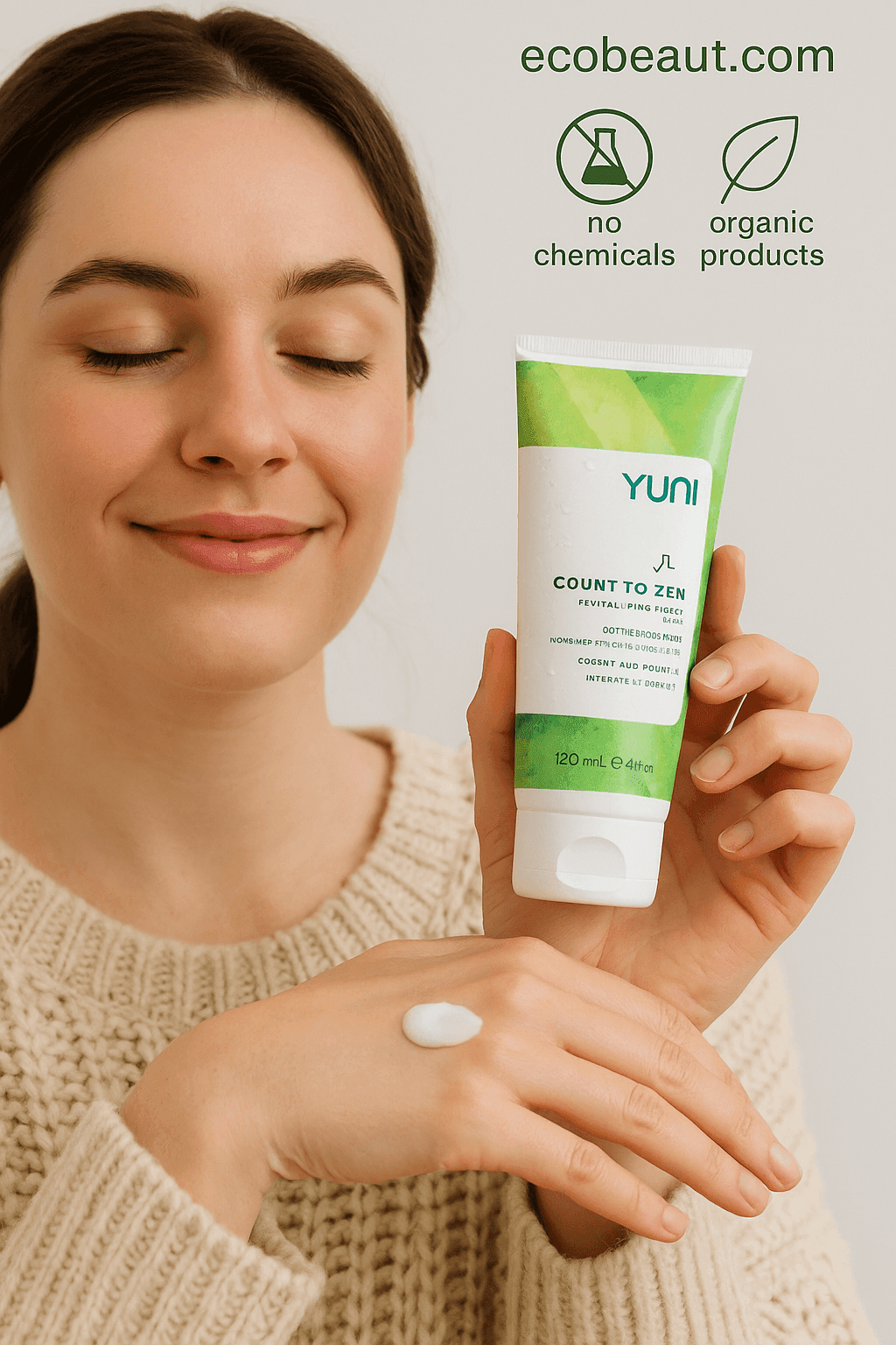 Smiling women of diverse skin tones applying YUNI Count to Zen Hand Cream, labeled ecobeaut.com with no chemicals and organic products icons – inclusive natural skincare USA