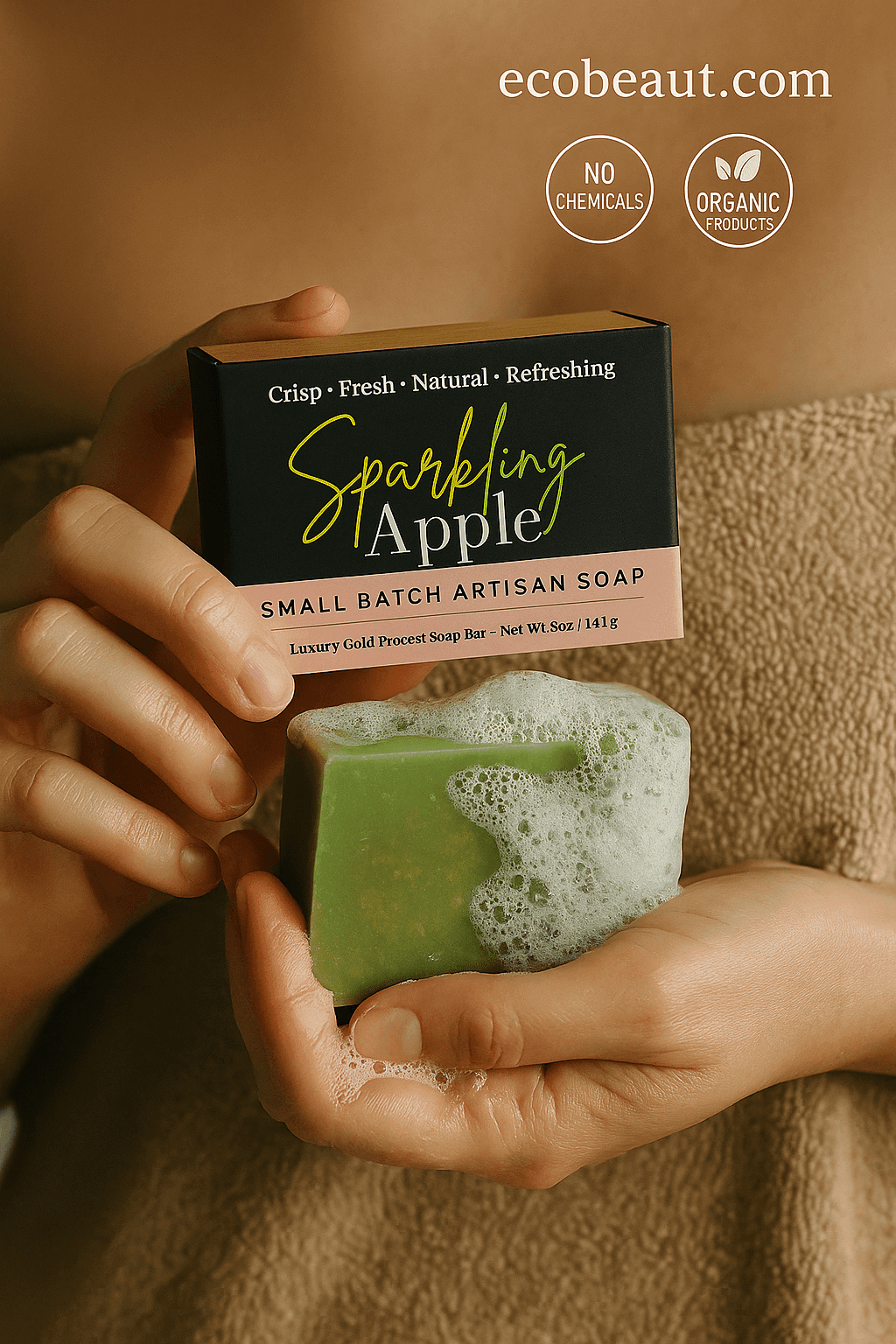 Sparkling Apple artisan soap bar by ecobeaut.com held in a woman’s hands with foam, showing “NO CHEMICALS” and “ORGANIC PRODUCTS” icons in the upper right corner.