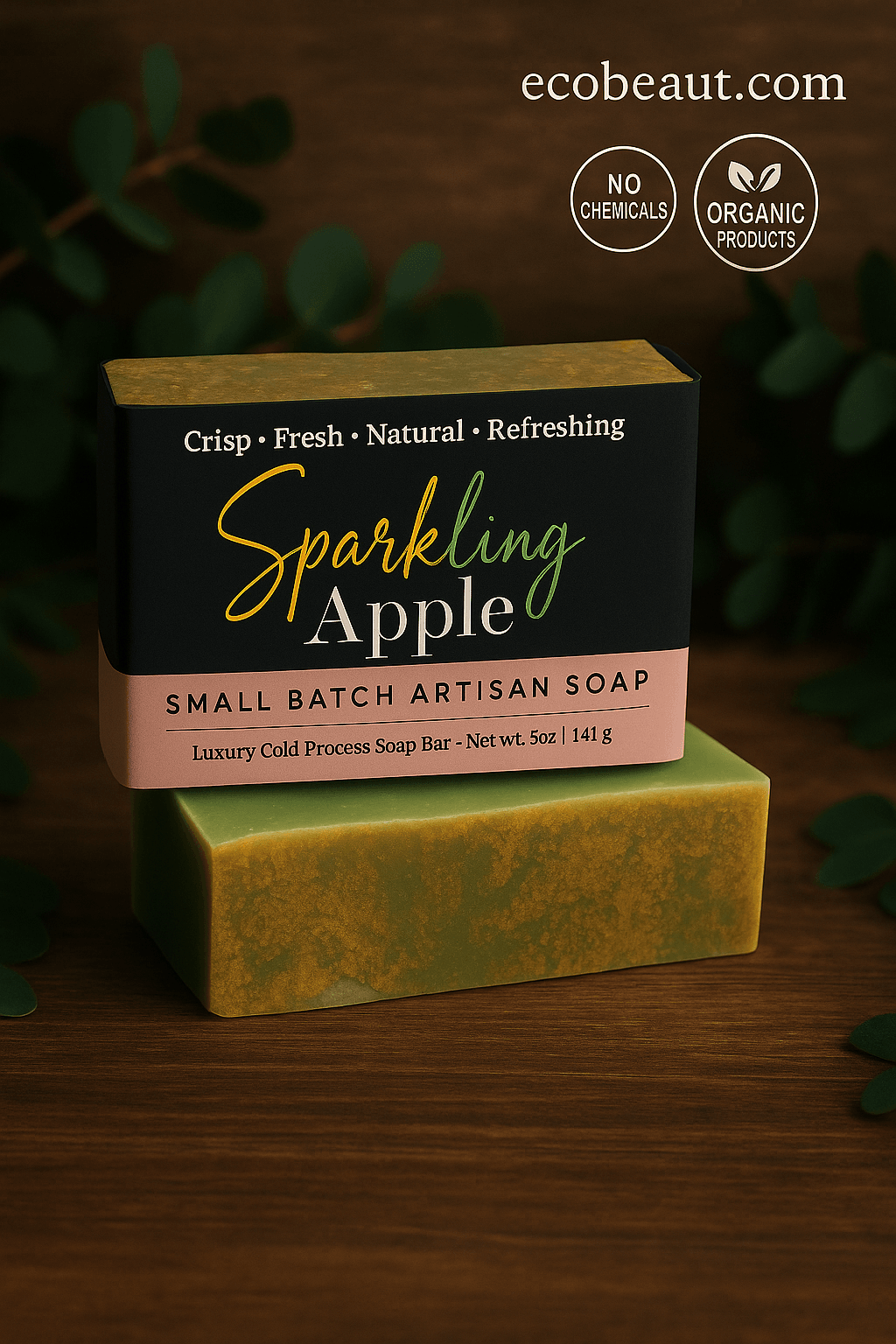  Sparkling Apple artisan soap bar by ecobeaut.com with “NO CHEMICALS” and “ORGANIC PRODUCTS” icons, surrounded by lush green foliage on a wooden surface.




