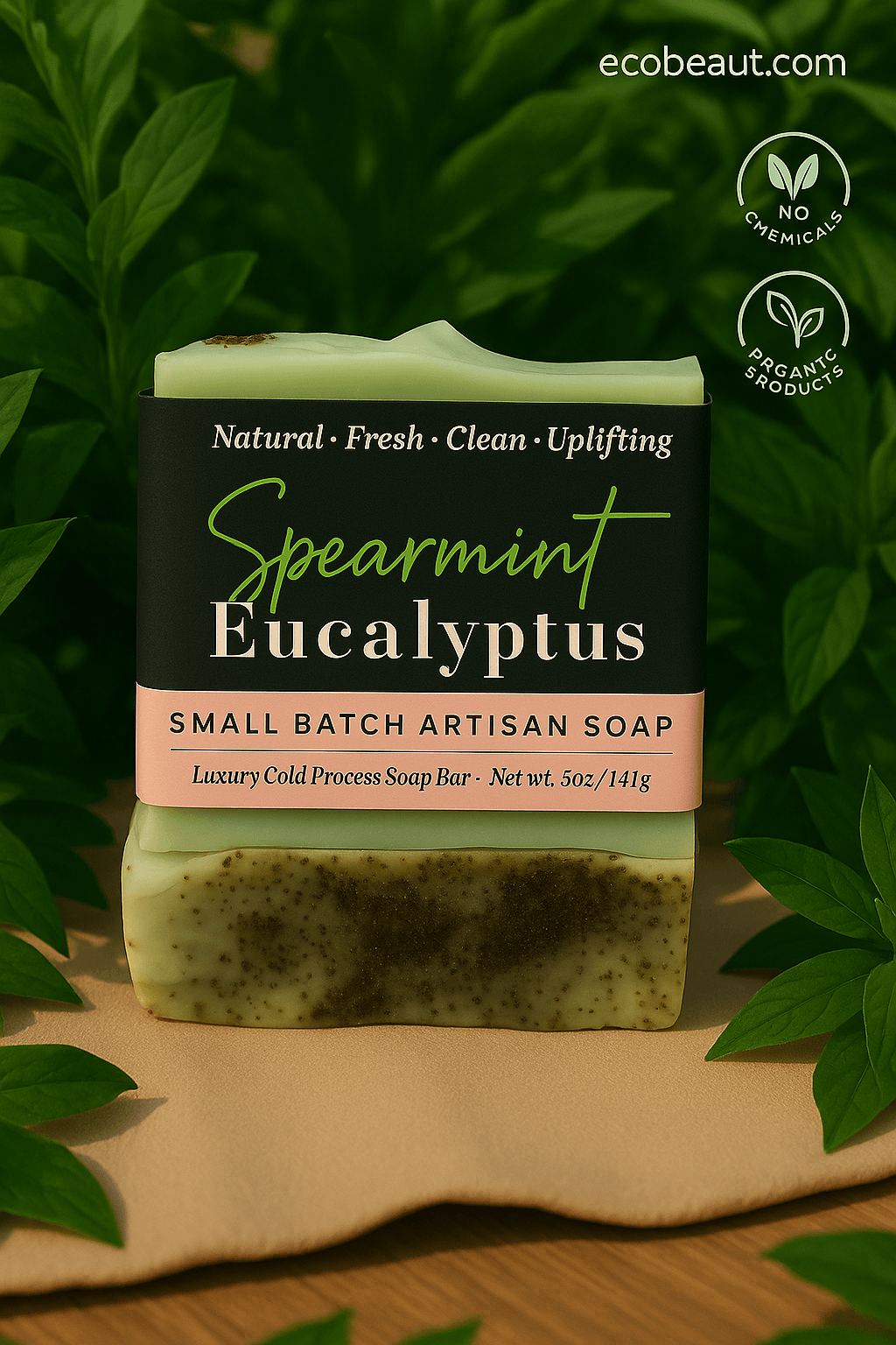 : Spearmint Eucalyptus soap bar by ecobeaut.com displayed on beige linen, surrounded by rich green leaves and labeled with “NO CHEMICALS” and “ORGANIC PRODUCTS” icons in the upper right corner.



