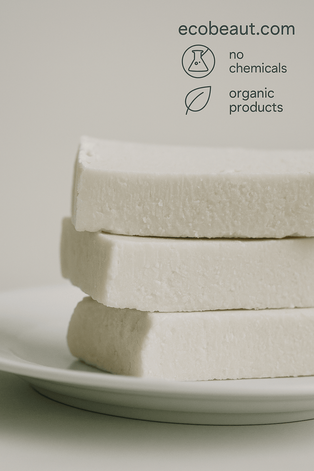 Stack of three off-white organic soap bars on a plate with soft natural lighting – ecobeaut.com, no chemicals, organic products