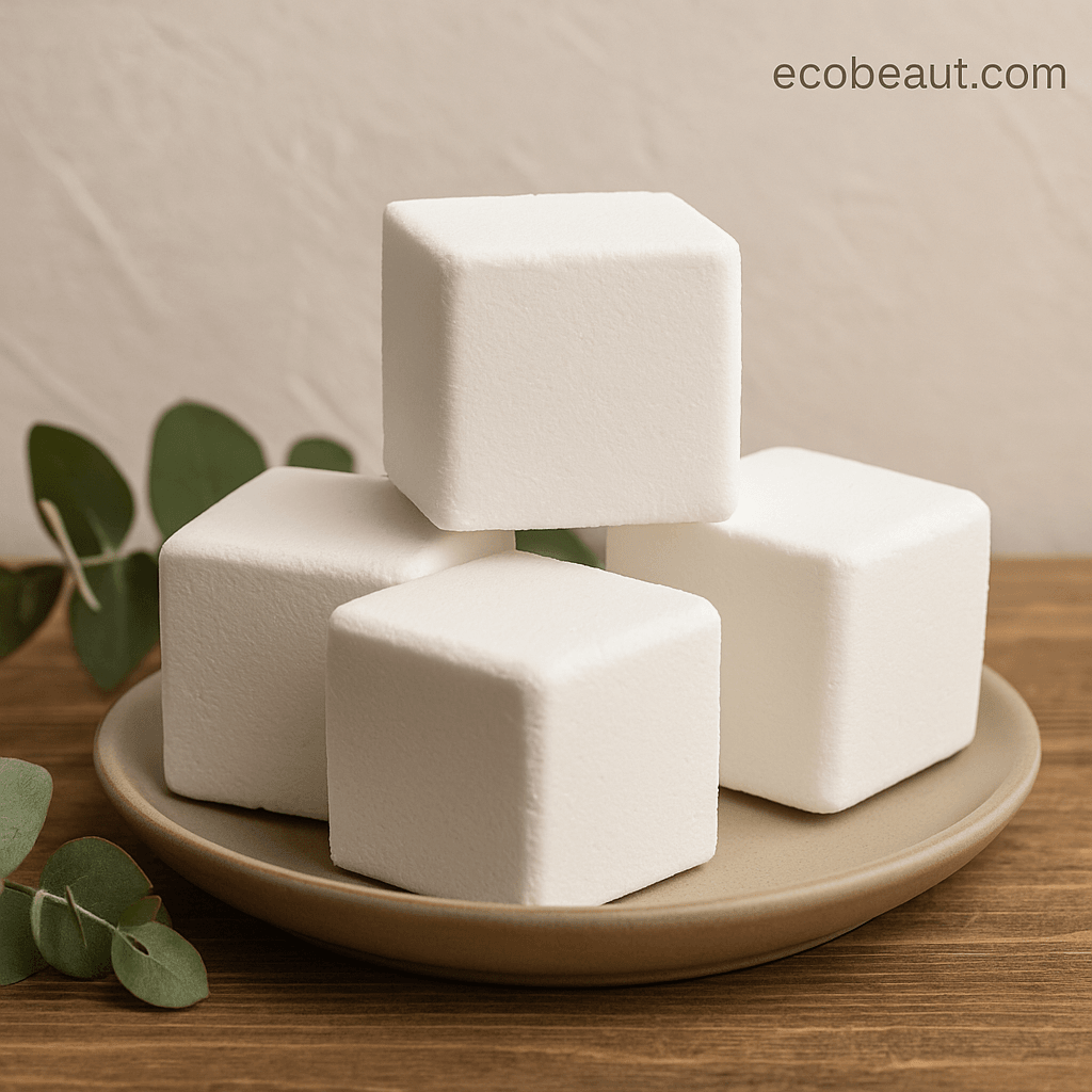 Stacked white eucalyptus shower steamers on a ceramic plate with eucalyptus leaves, styled on a wooden surface, ecobeaut.com