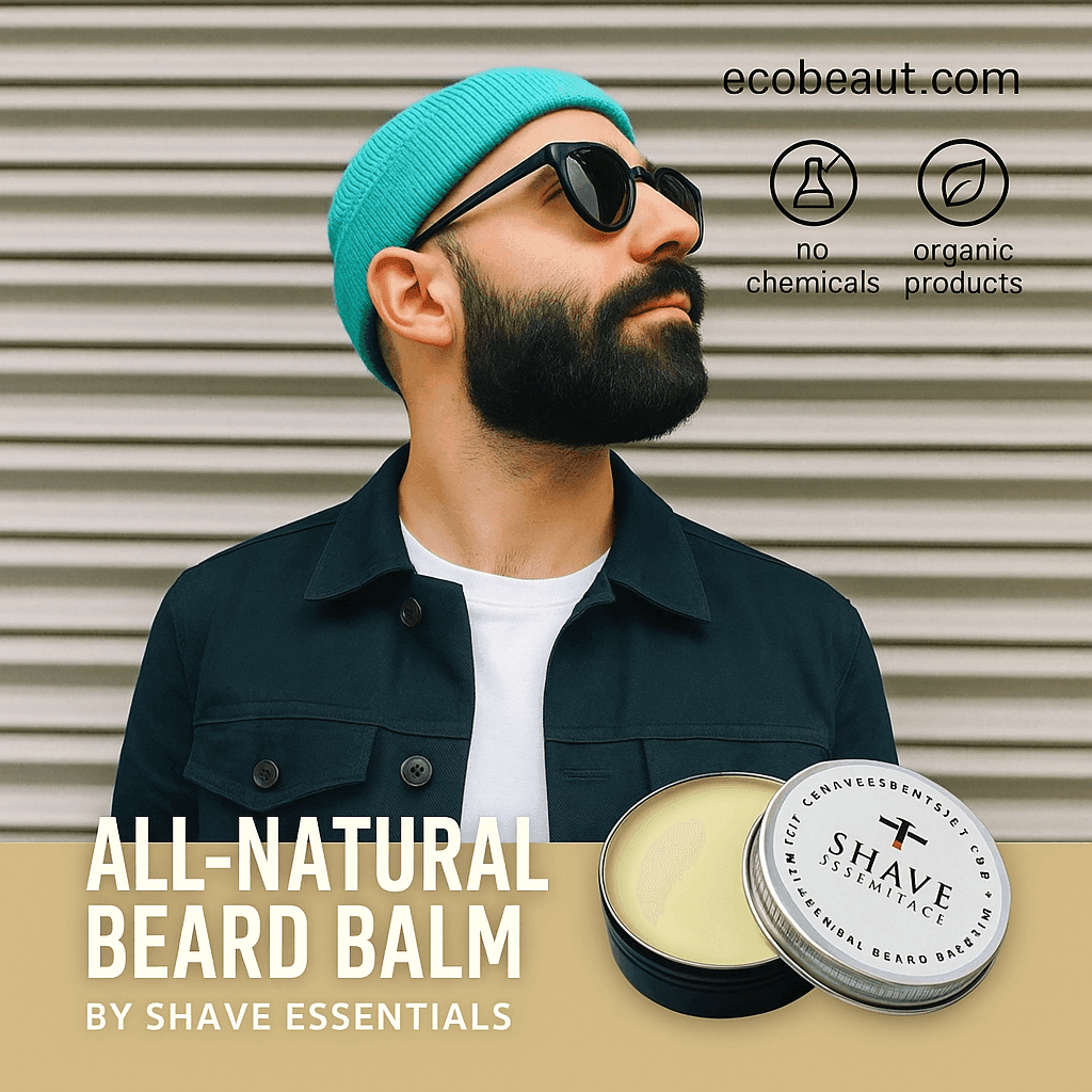 Stylish bearded man in teal beanie and sunglasses promoting All-Natural Beard Balm by Shave Essentials, with product tin displayed and branding elements like ecobeaut.com, no chemicals, and organic products icons.