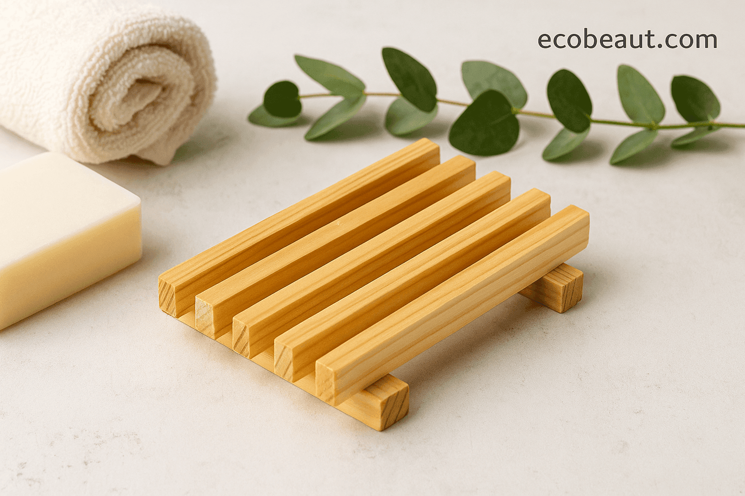 Stylish wooden soap dish made from natural wood on a light background — perfect for extending soap life. ecobeaut.com