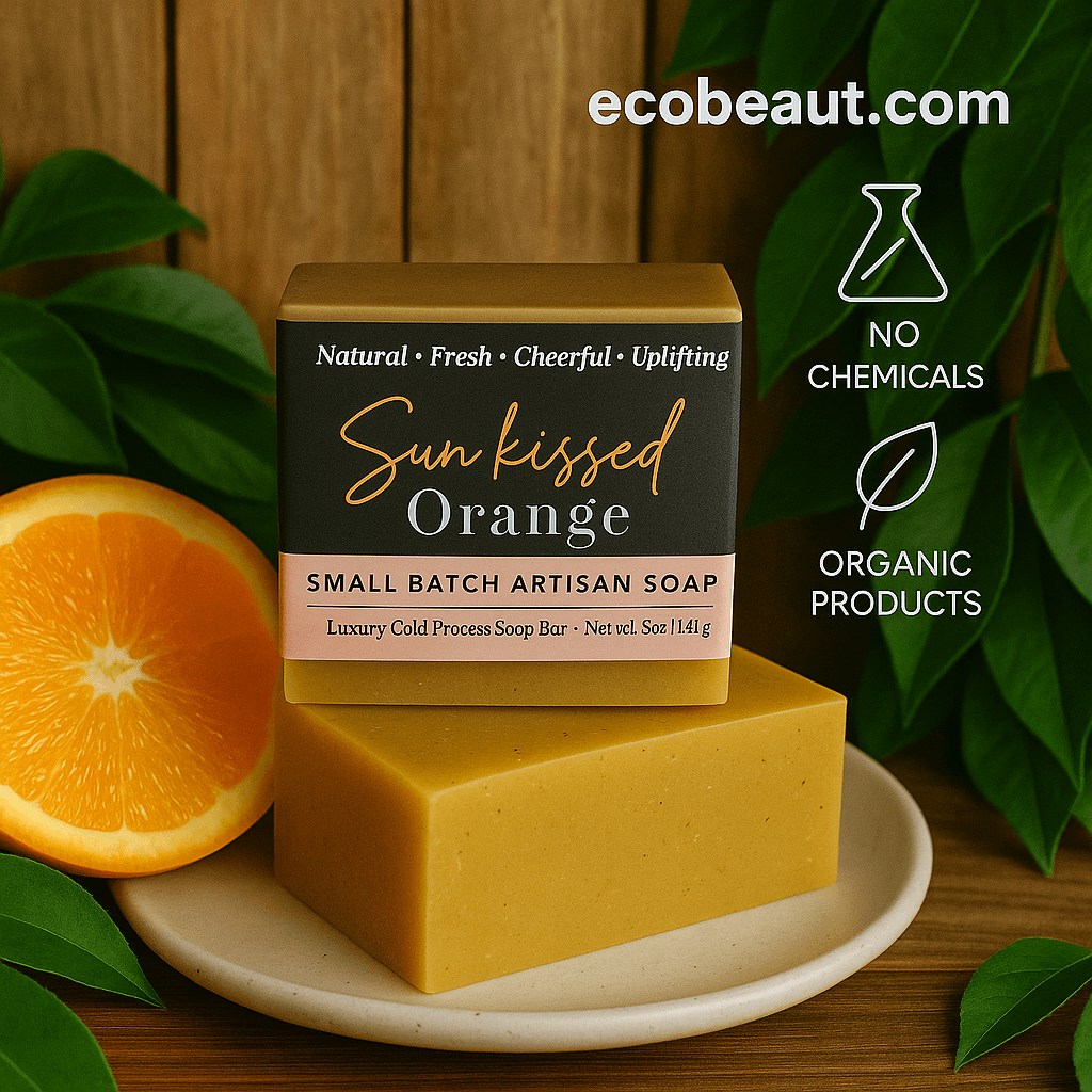  Sun kissed Orange soap bar by ecobeaut.com on a ceramic plate, surrounded by fresh orange slices and vibrant green leaves, with “NO CHEMICALS” and “ORGANIC PRODUCTS” icons in the upper right corner.




