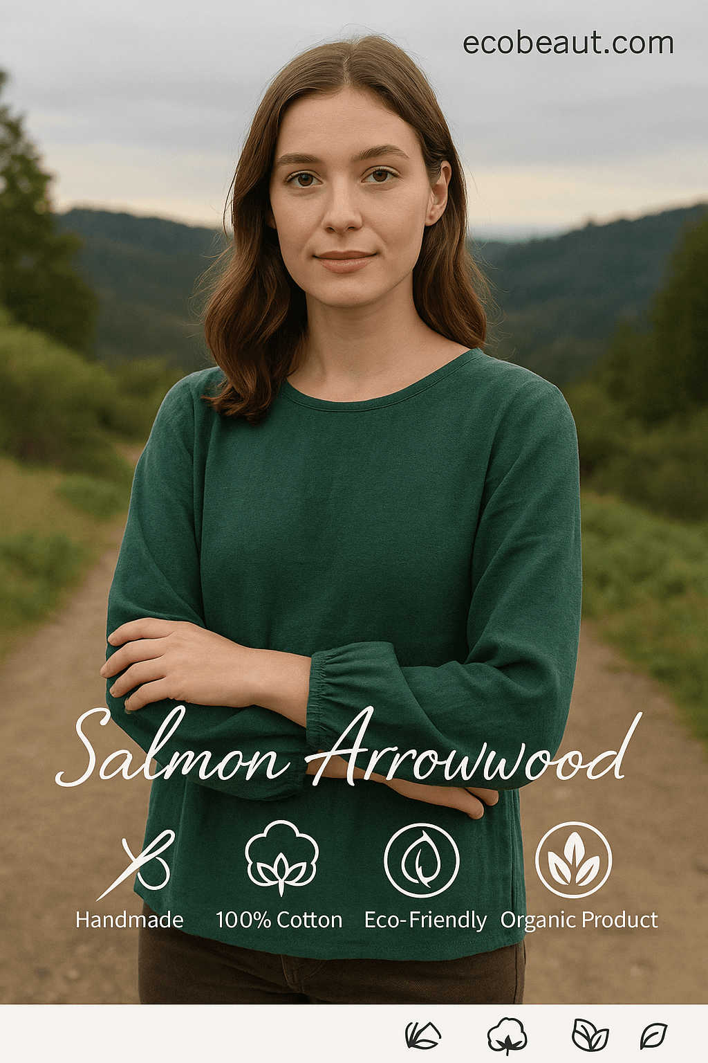 Sustainable green 100% cotton blouse by Salmon Arrowwood worn by a young woman in nature – eco-conscious fashion, handmade and organic, ecobeaut.com