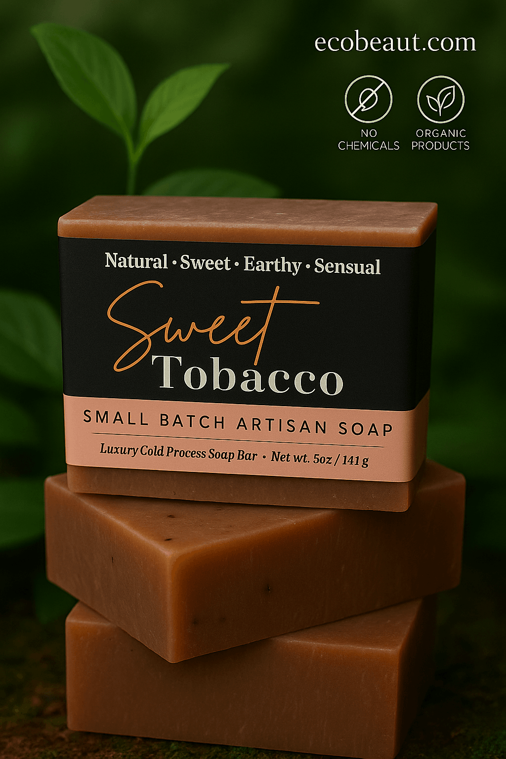Sweet Tobacco artisan soap bar by ecobeaut.com on stacked soap bars with minimal greenery and “NO CHEMICALS” and “ORGANIC PRODUCTS” icons in the upper right corner.